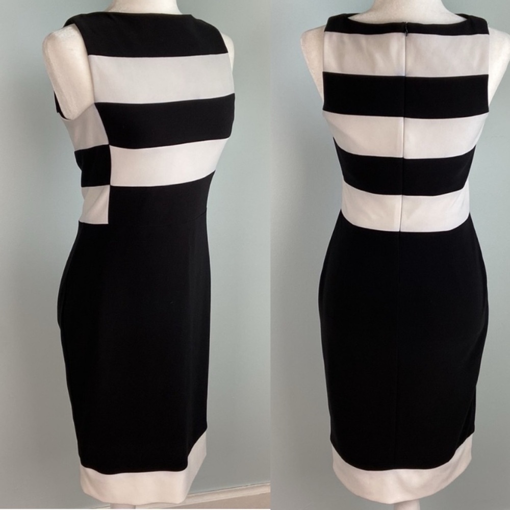 Joseph Ribkoff Sheath Dress Black White Dress Geometric High Neck Sz 4